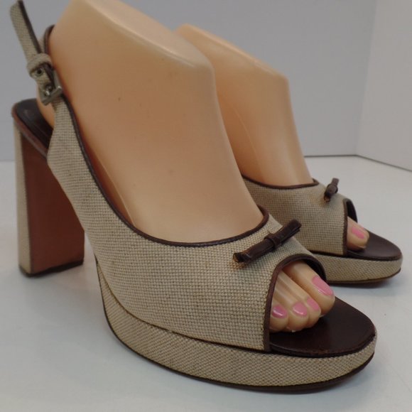 Prada Shoes - Prada Tan Linen Open Toe Heels Sz 39.5 US 9